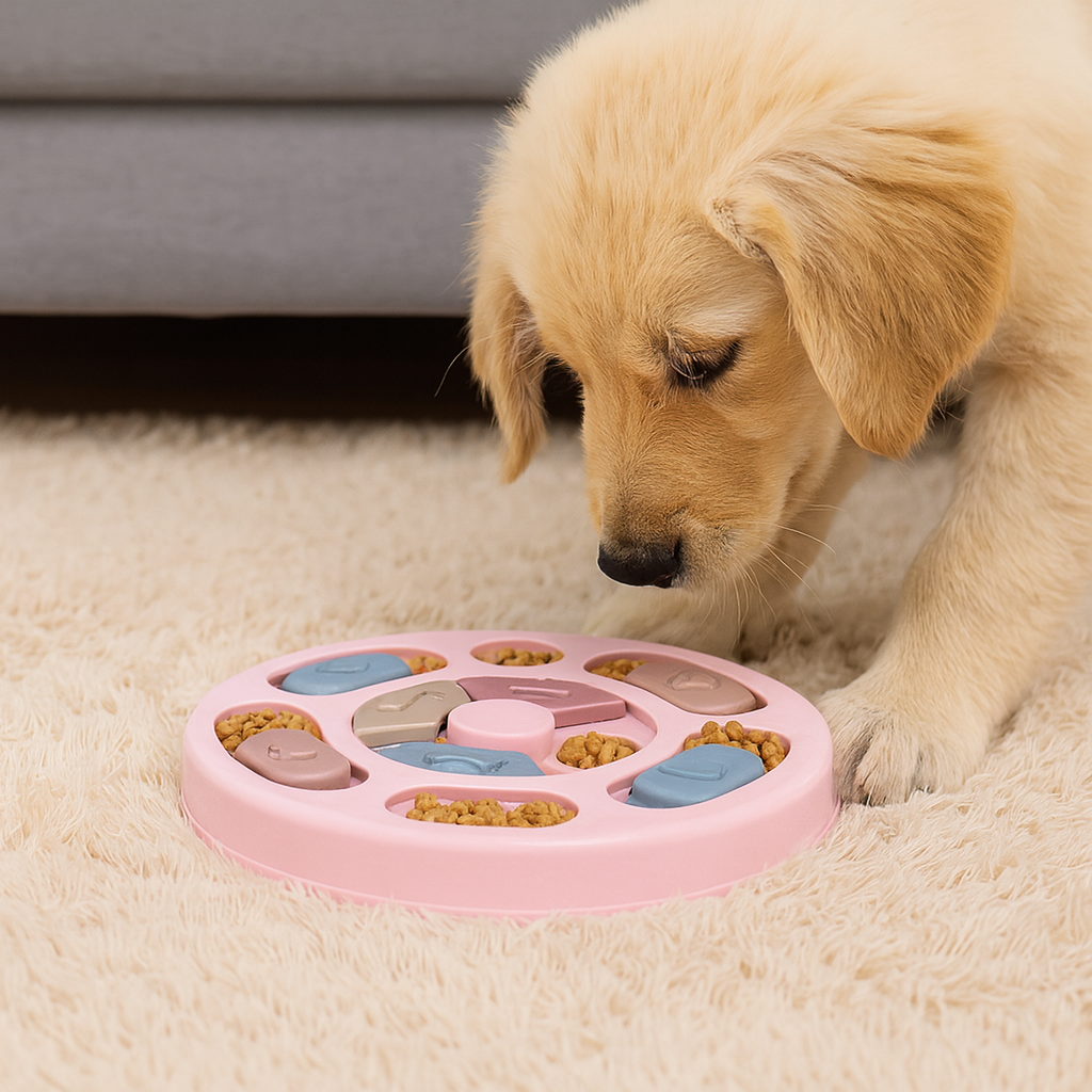 petit chien de couleur blanc jouant avec un puzzle pour chien rose avec des compartiments à friandises. En fond un canapé gris. Image produit Boutiquechien