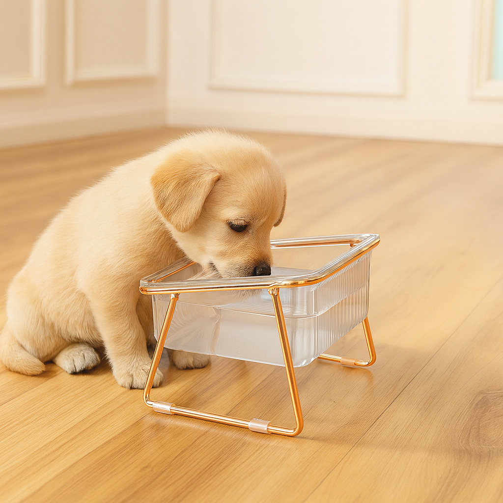Petit chiot blanc buvant de l'eau dans sa gamelle transparente design dans une pièce de couleur claire. Image produit Boutiquechien