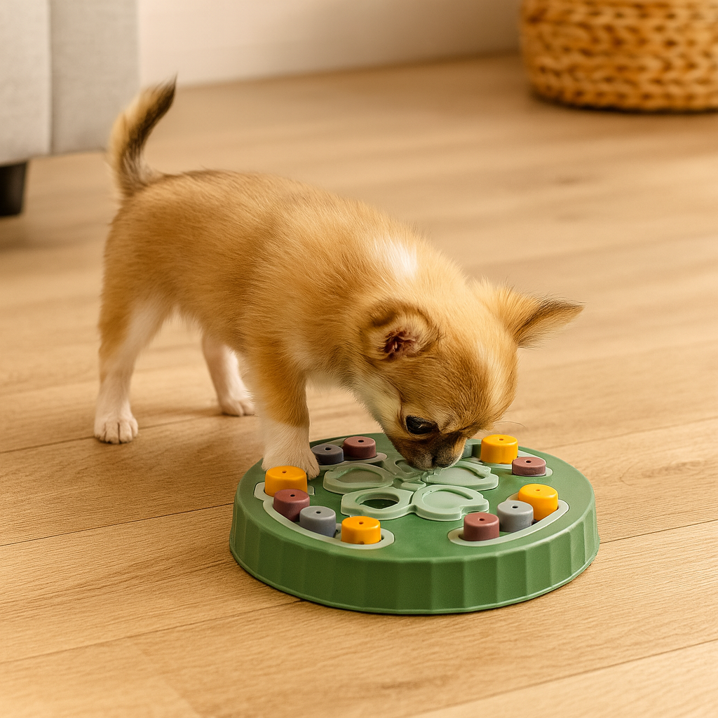 Petit chiot de couleur claire jouant avec son puzzle a friandise de couleur vert posé sur une sol en parquet bois. Image produit Boutiquechien