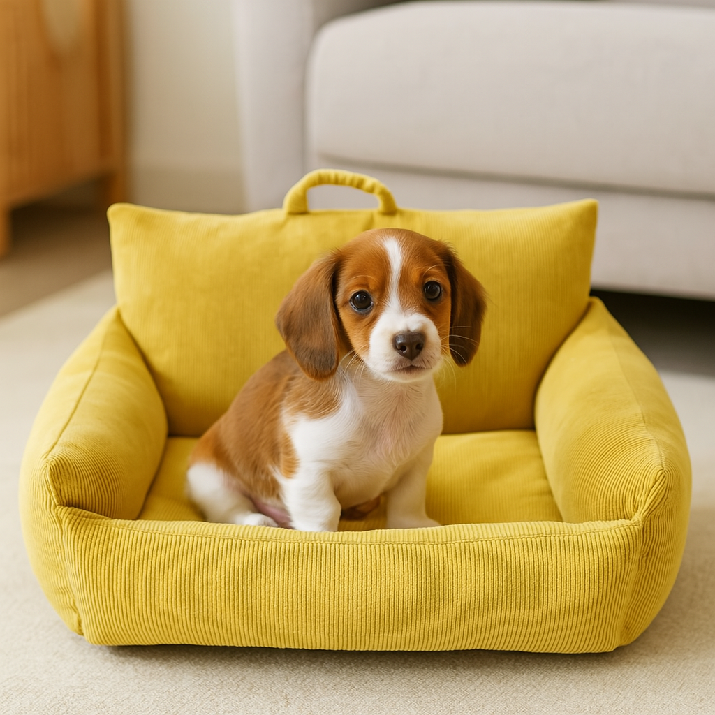 petit chiot de couleur brun et blanc assis dans un panier chien jaune style velours. Le panier chien est posé dans un salon de couleur claire avec en fond un canapé chien gris. Image produit Boutiquechien
