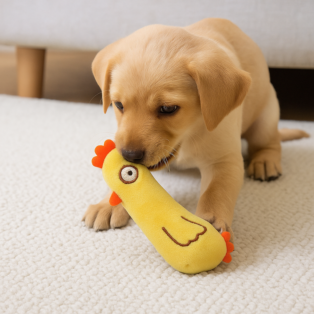 chiot golden retriever avec peluche poulet de couleur jaune. En fond il y a un canapé gris. Image produit Boutiquechien