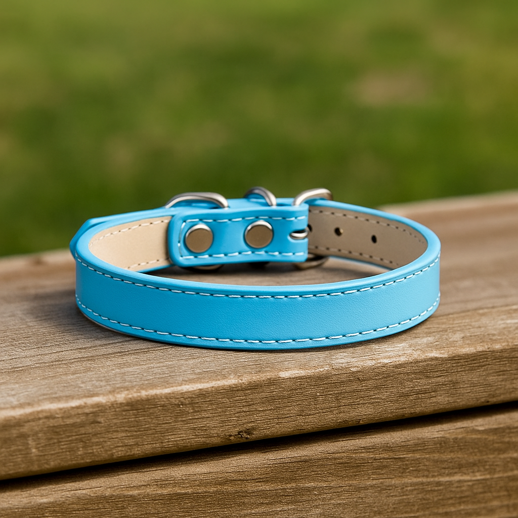 Petit collier chien de couleur bleu style cuir. Image produit Boutiquechien