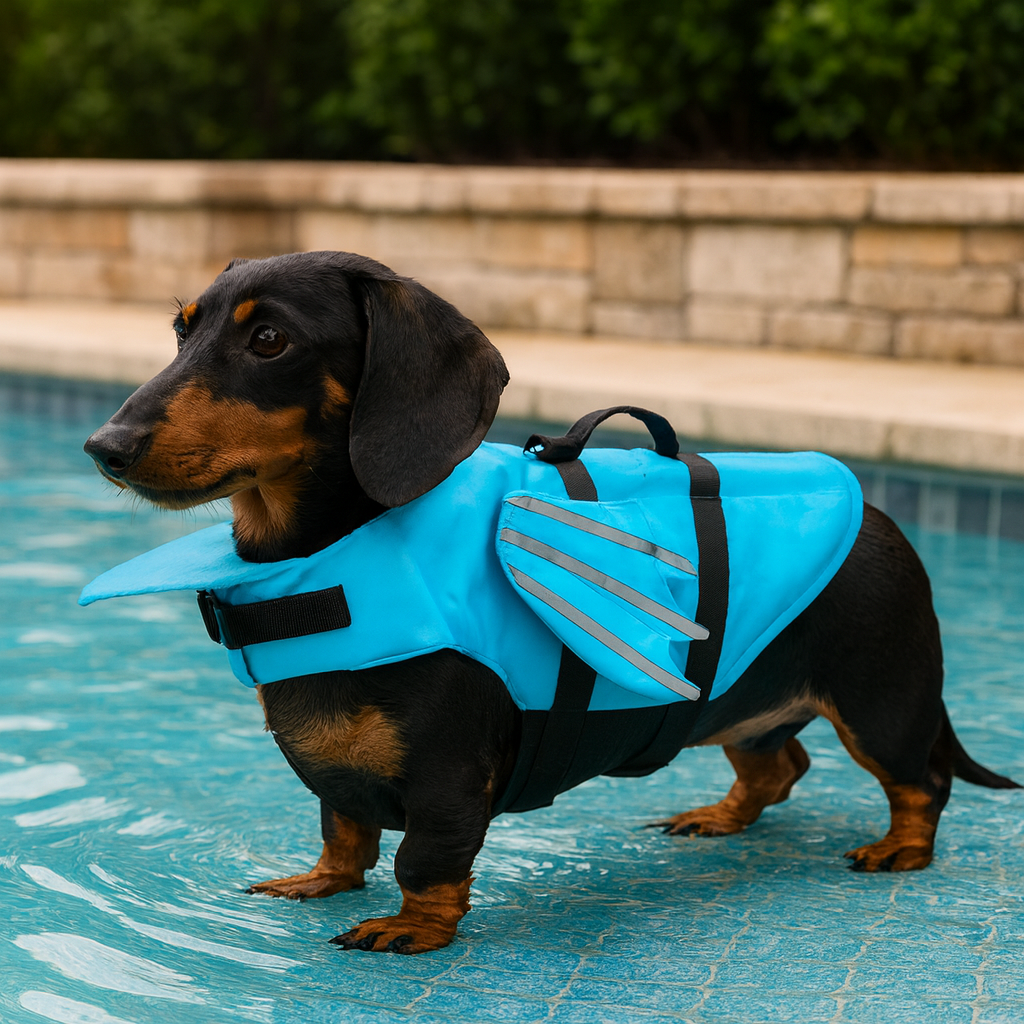 chien saucisse de couleur noir et brun portant un gilet de sauvetage de couleur bleu en forme de dragon dans une piscine. Image produit Boutiquechien