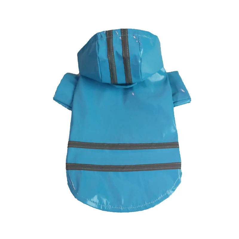 Petit imper pour chien de couleur bleu avec des bandes réfléchissante de couleur grise. Image produit Boutiquechien