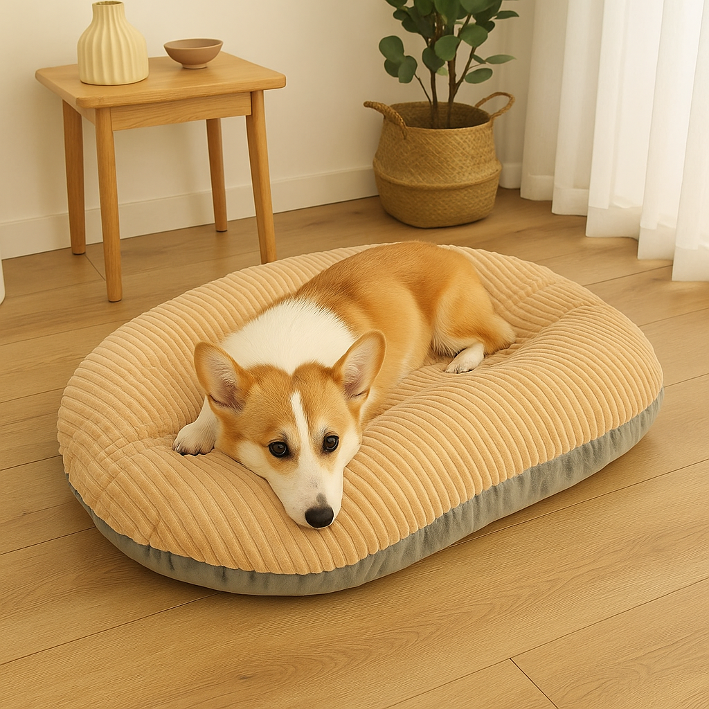 Corgi couché sur un panier pour chien de couleur chien. Le panier chien xl est posé dans un salon de couleur claire avec une plante verte et une table basse. Image produit Boutiquechien