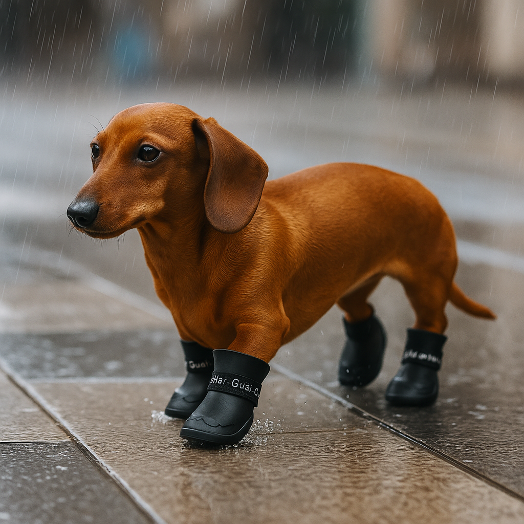 Petit chien de couleur brun portant des bottes our chiens de couleur noir dans une ville. Image produit Boutiquechien