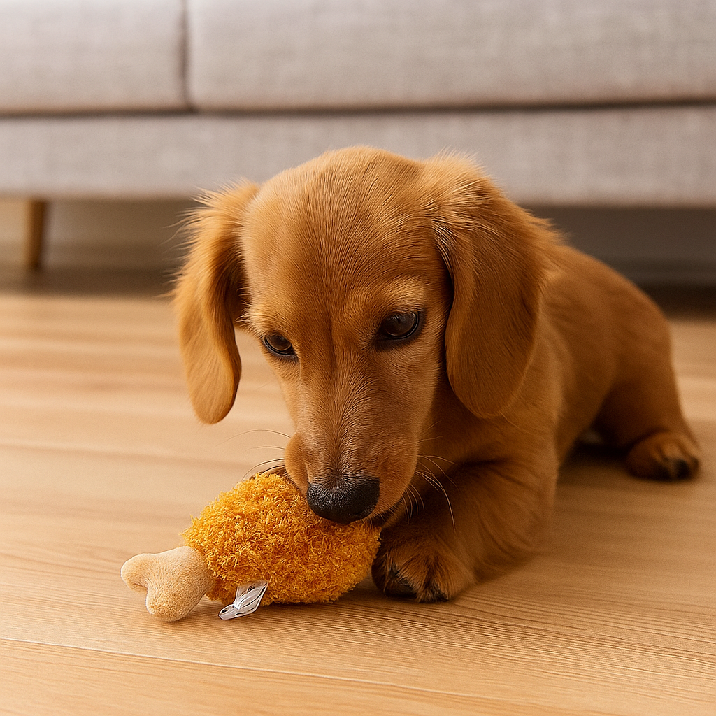 teckel brun jouant avec sa peluche en forme de pignon de poulet brun et blanc. Le chien est couché sur un parquet bois avec en fond un canapé chien gris. Image produit Boutiquechien