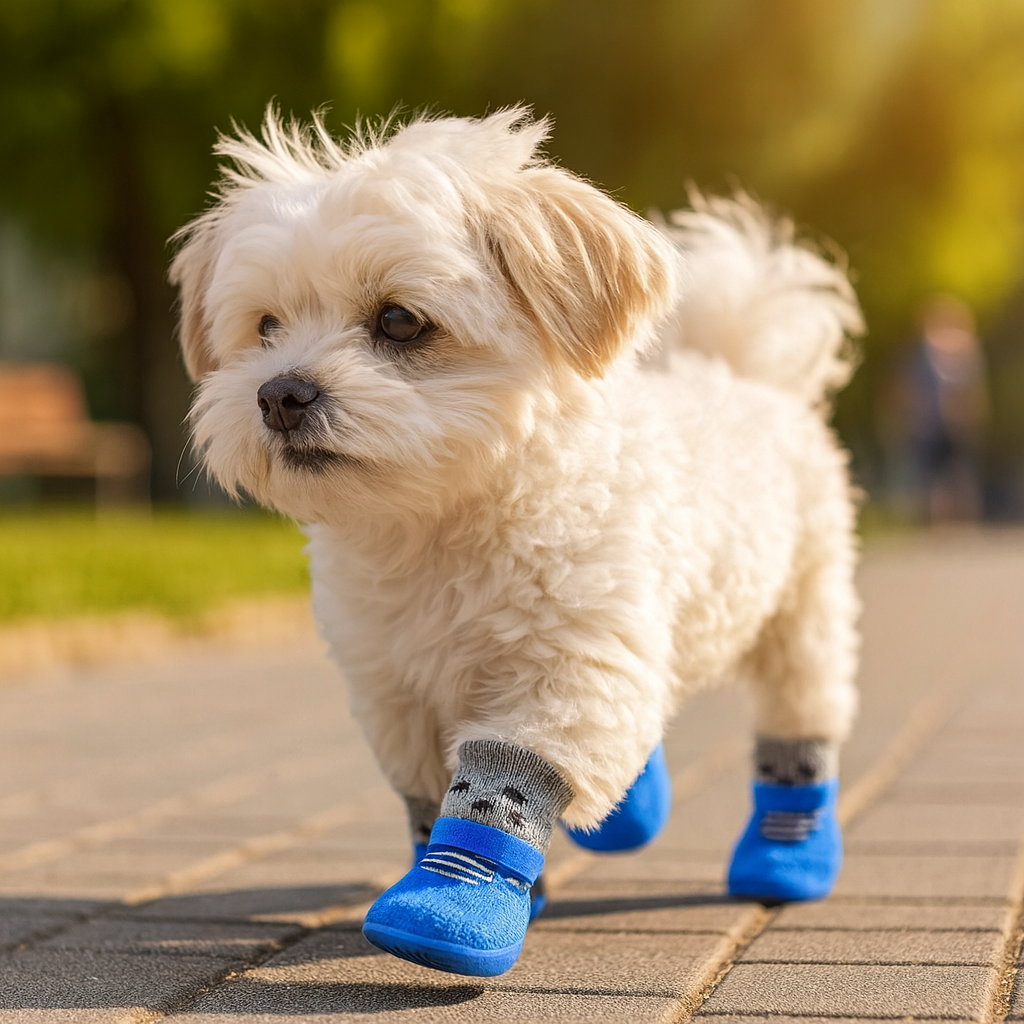 Petit chien blanc portant des bottes pour chiens de couleur bleu et gris. Le chien marche dans la rue sur des pavés en pierre. Image produit Boutiquechien