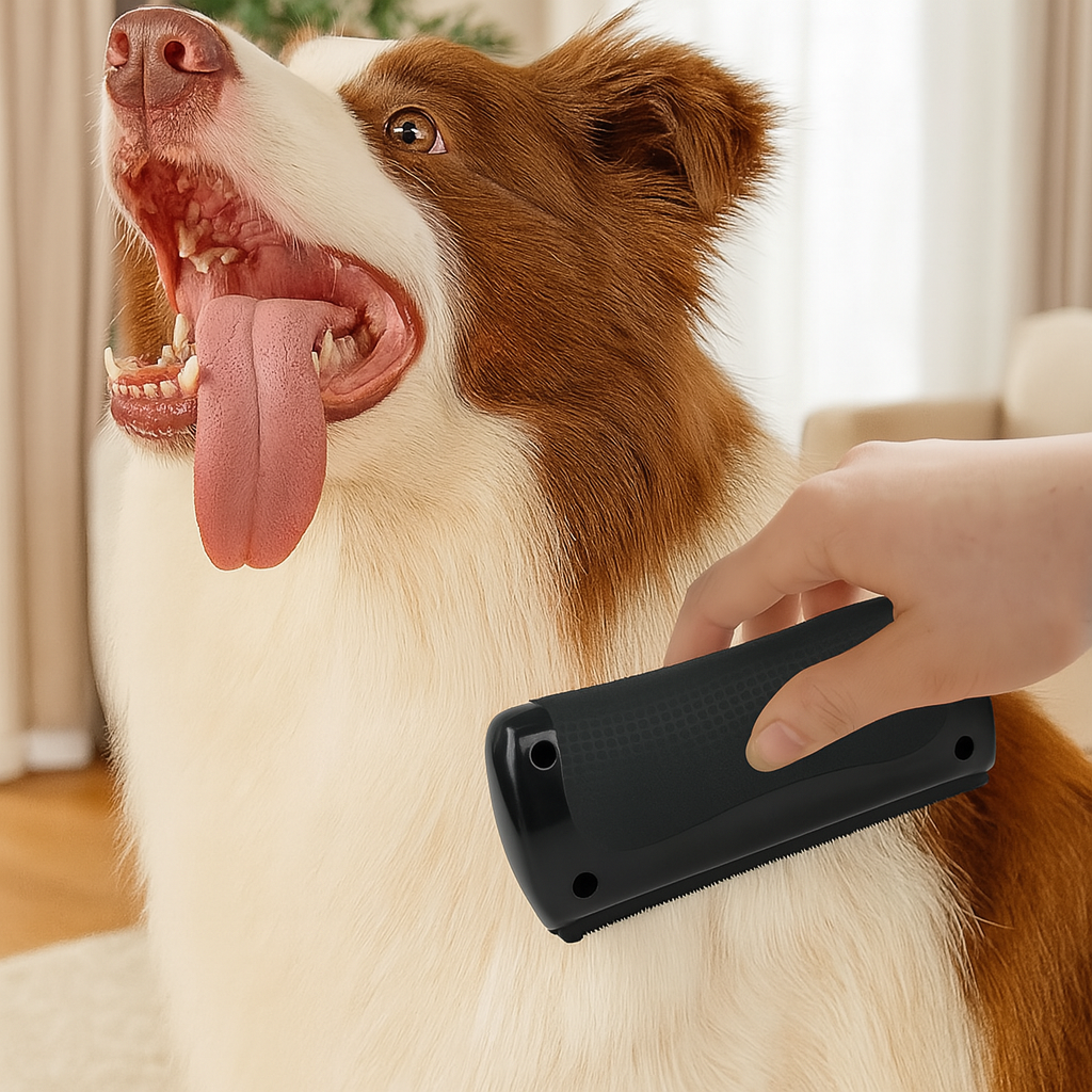 Brosse pour chien de couleur noir brossant un chien de couleur brun et blanc. En fond il y a un canapé blanc. Image produit Boutiquechien