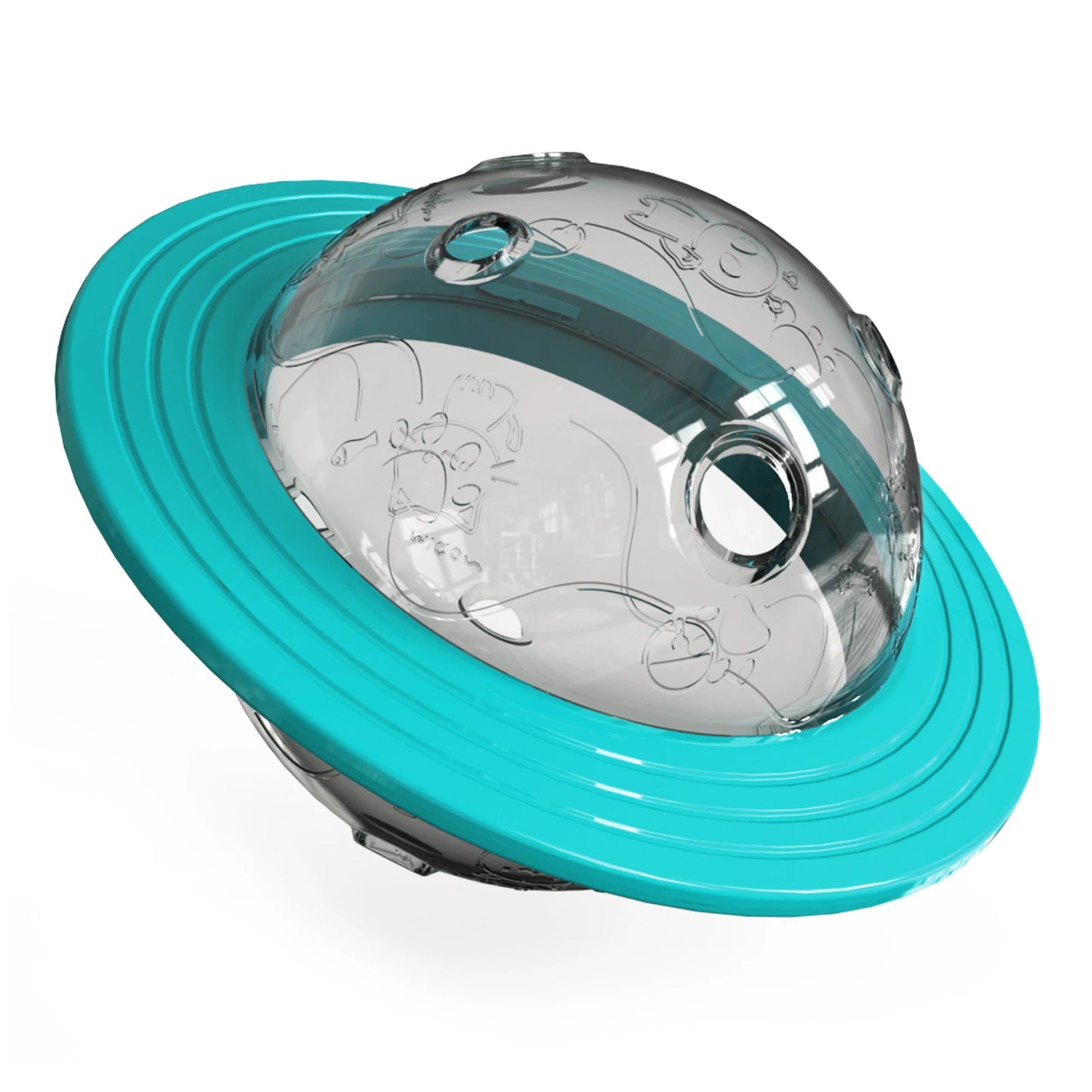 Planète jouet intellectuel pour chien de couleur bleu avec des friandises dedans. Image produit Boutiquechien