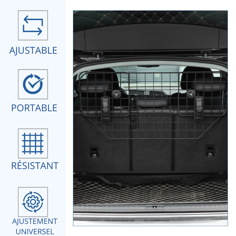 avantage de la grille de protection de coffre de couleur noir dans une voiture. Image produit Boutiquechien