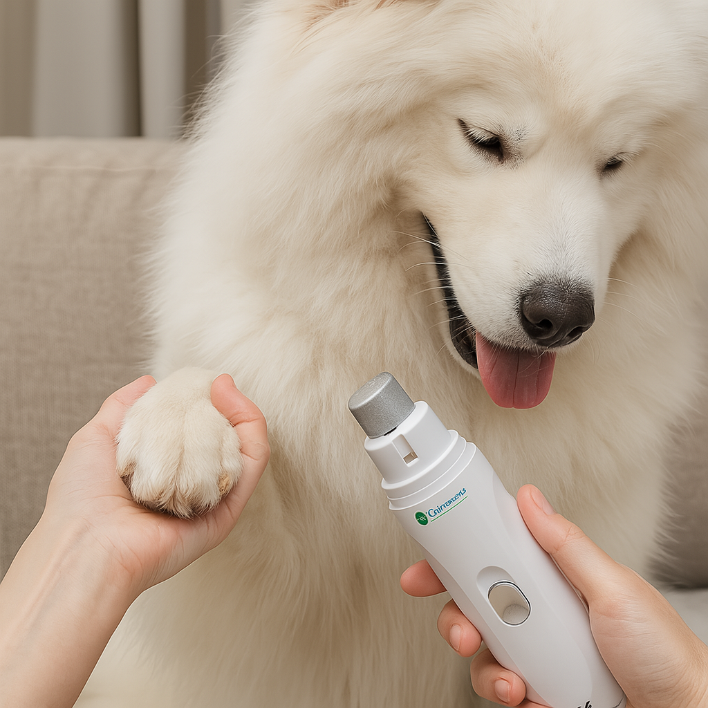 chien blanc se faisant limer les ongles par une ponceuse ongle de couleur blanc. Image produit Boutiquechien