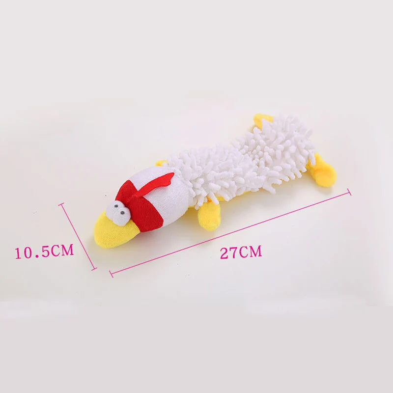 dimension de la peluche poulet pour chien de 27 Cm de long. La peluche est parfaite pour jouer avec votre chien. Image produit Boutiquechien