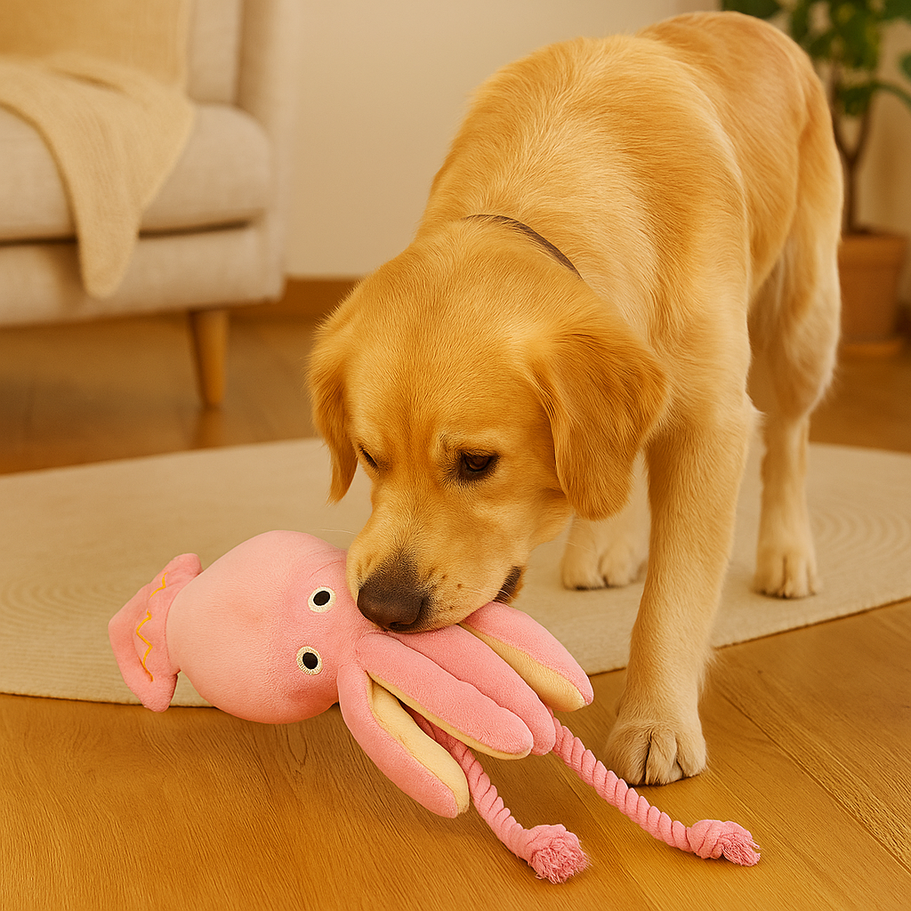 Golden retriever roux dans un salon de couleur claire design, jouant avec son poulpe résistant en corde de Boutiquechien