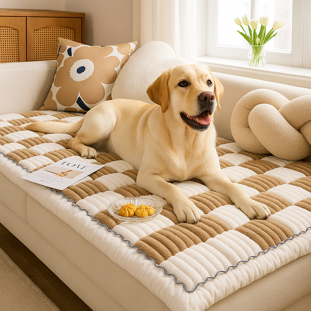protection de canapé pour chien de couleur blanc et beige posé sur un canapé de couleur blanc. Sur le canapé il y a un grand labrador de couleur blanc. Image produit Boutiquechien