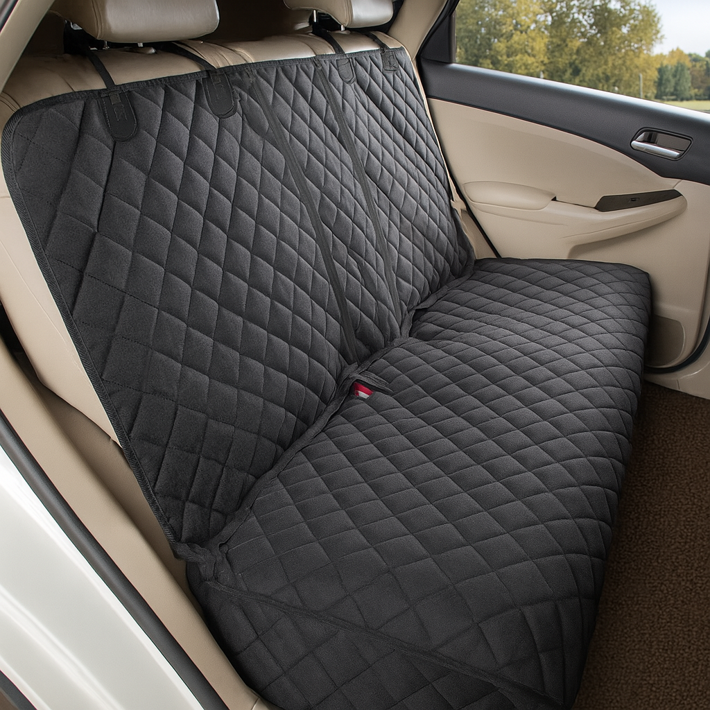 protection de siège de couleur noir posé sur le siège arrière d'une voiture de couleur beige. En fond il y a des arbres pour faire la campagne. Image produit Boutiquechien