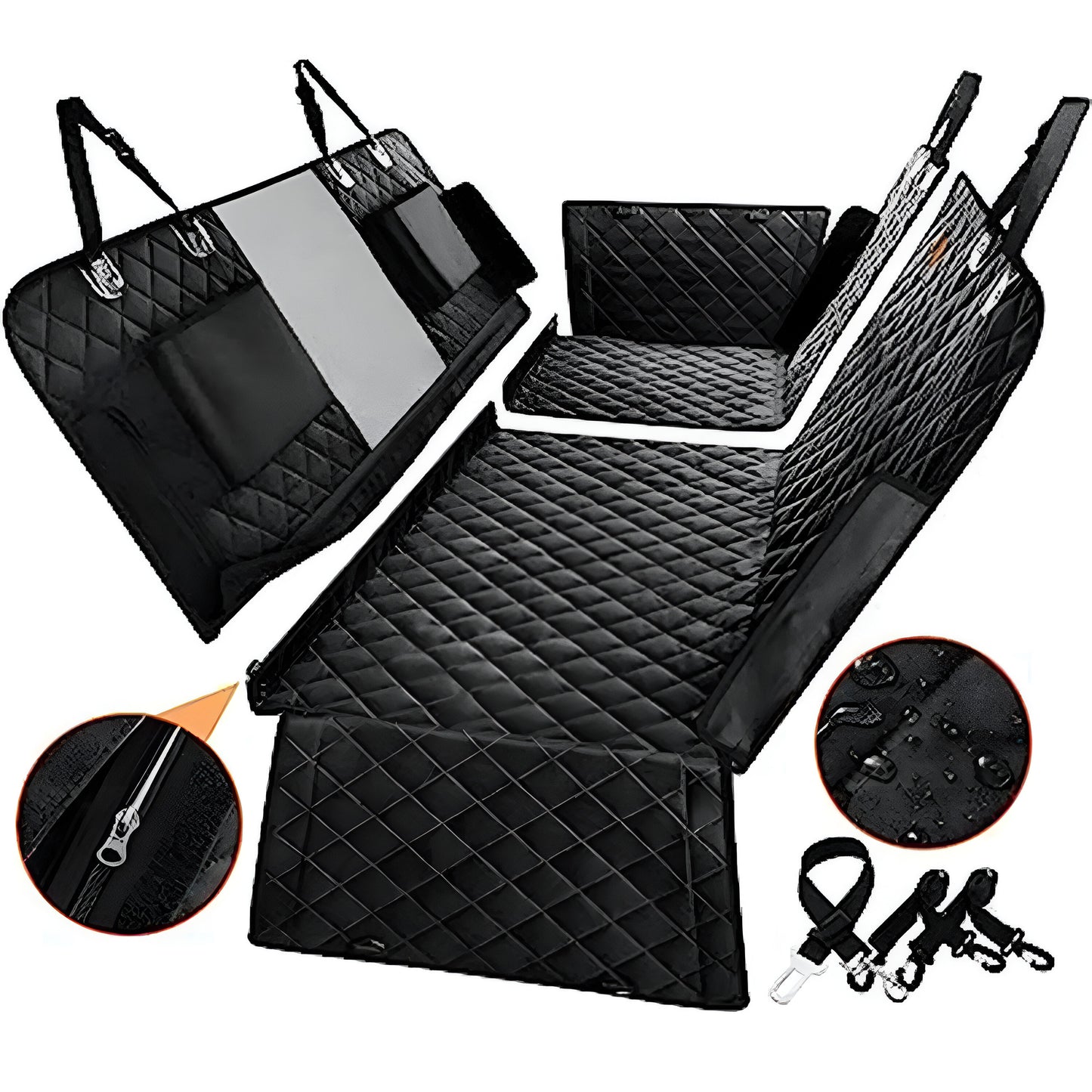 Protection de siège pour chien de couleur noir avec de nombreux rangement pour transporter son chien facilement et en toutes sécurité. Le produit est waterproof et il est facilement amovible. Image produit Boutiquechien
