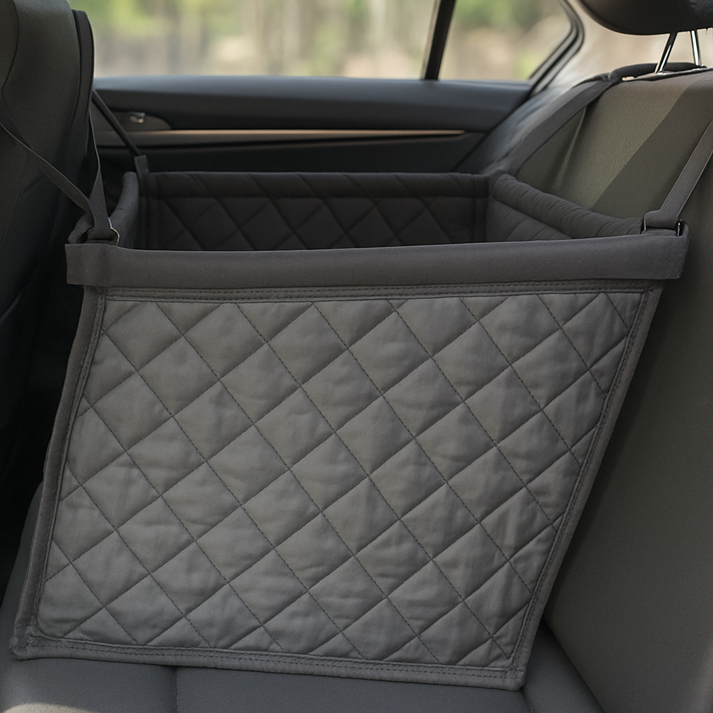 protection de siège en forme de parc de couleur noir posé sur une banquette arrière de voiture de couleur noir. Image produit Boutiquechien