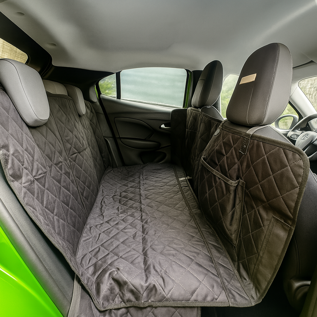 protection de siege de couleur noir avec de nombreux rangement posé dans une voiture de couleur verte dans un intérieur de couleur claire. Image produit Boutiquechien