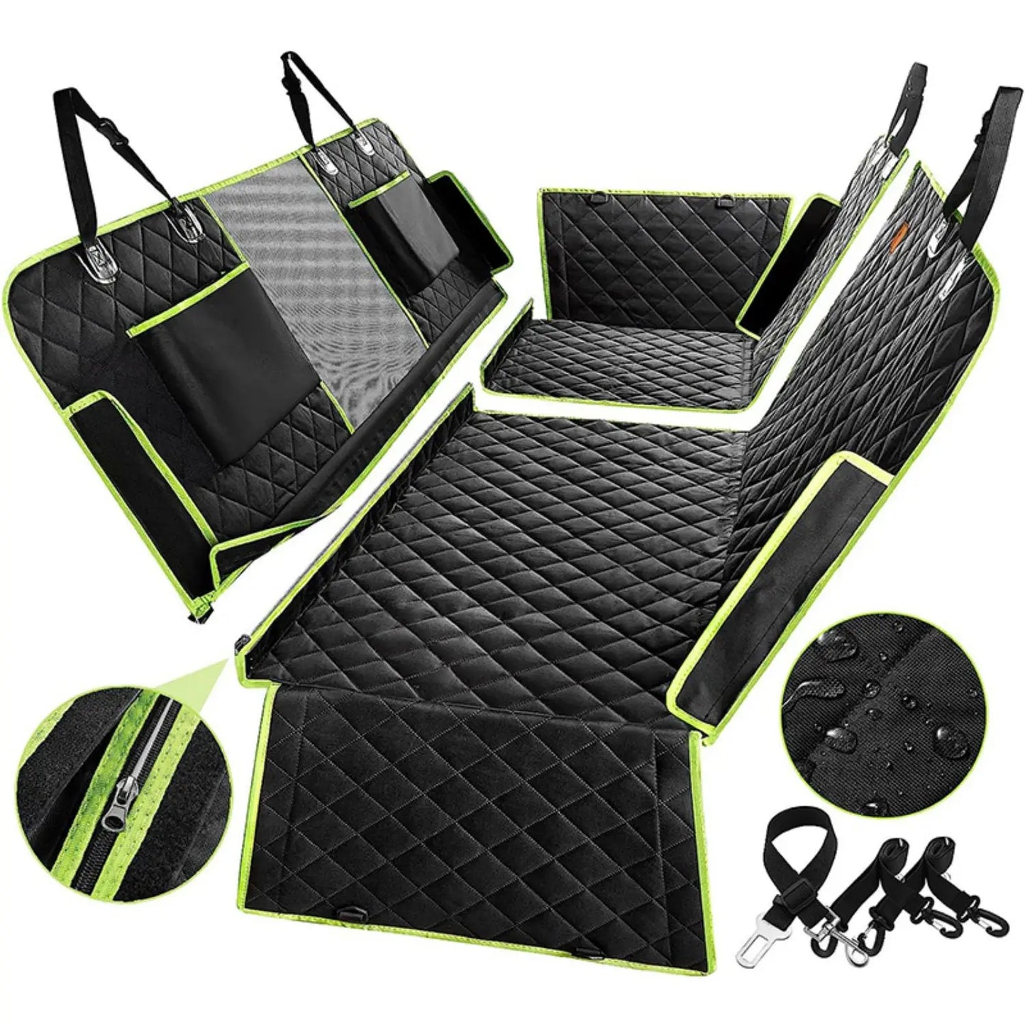 Protection de siège pour chien de couleur vert avec de nombreux rangement pour transporter son chien facilement et en toutes sécurité. Le produit est waterproof et il est facilement amovible. Image produit Boutiquechien
