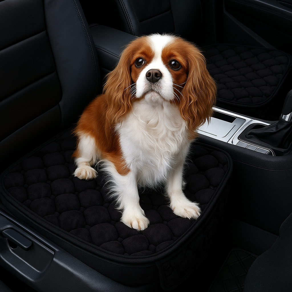 cavalier King Charles de couleur brun et blanc assis sur le siège passager de la voiture de couleur noir. Le chien est sur une protection de couleur noir résistante et durable. Image produit Boutiquechien