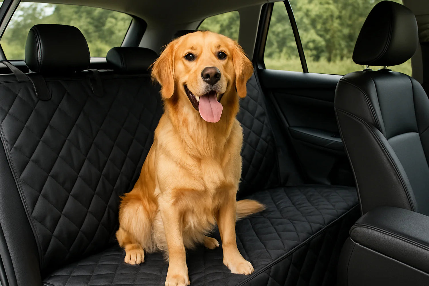 chien assis sur la banquette arrière d'une voiture avec des sièges protégé par une protection de siège pour chien. L'image sert pour la collection protection voiture chien de la boutique en ligne boutiquechien
