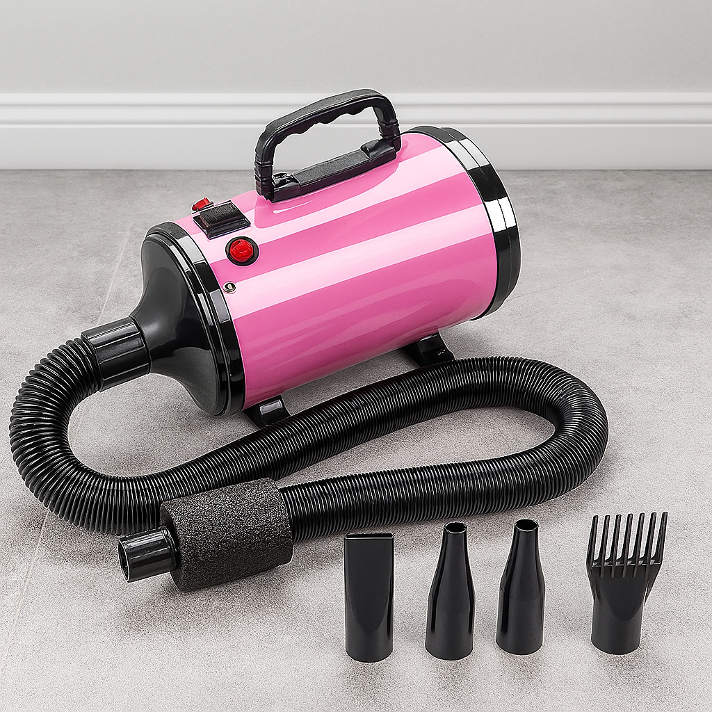 Pulseur chien rose posé par terre de couleur gris et blanc. Le pulseur est de couleur rose et noir avec tous ces accessoires. Image produit Boutiquechien