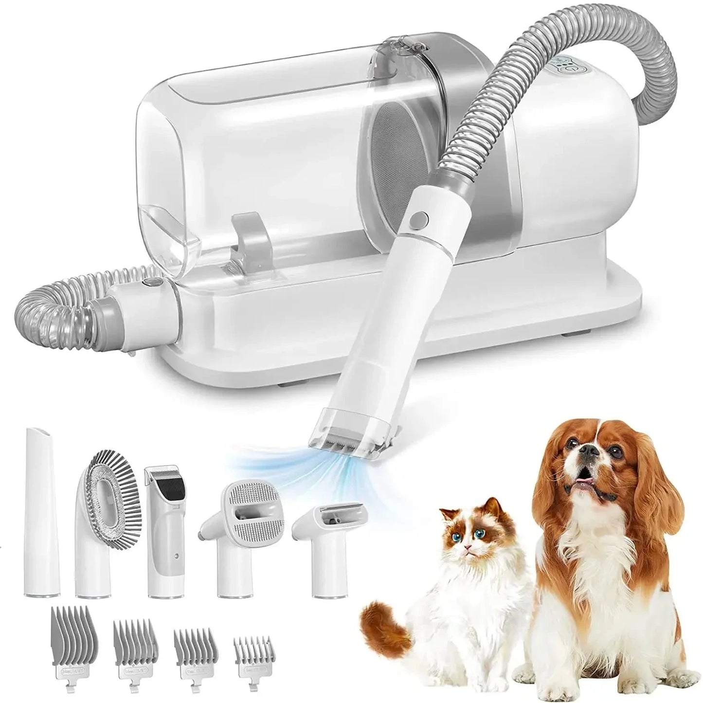 pulseur de couleurs blanc et transparent, parfait pour tout les animaux suivent à son grand nombre d'accessoire qui le rend très polyvalent. Le pulser à une capacité de 2.3L et possède de nombreux accessoires comme une tondeuse, un aspirateur de poil,... image produit boutiquechien