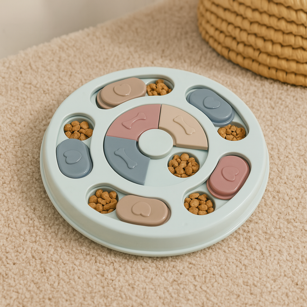 puzzle pour chien de couleur bleu au format circulaire. Dans les compartiments il y a des friandises pour chien. Le produit est posé sur un tapis blanc. Image produit boutiquechien