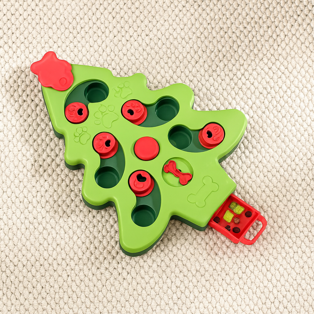 Puzzle pour chien en forme de Sapin de Noel de couleur vert. Le produit est posé sur un tapis gris. image produit boutiquechien