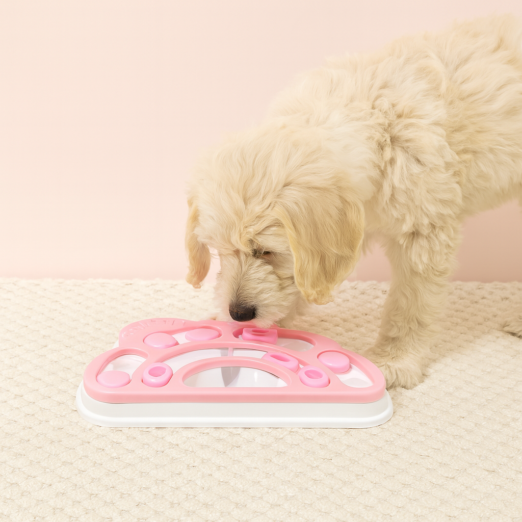 Puzzle pour chien de couleur rose et blanc avec un petit chien blanc jouant avec son puzzle. Le chien est debout dans une pièce de couleur claire. Image produit Boutiquechien