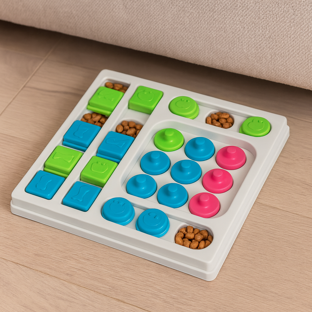 Puzzle pour chien en format carré de couleur blanc. Le puzzle possède des cachettes. Image produit Boutiquechien