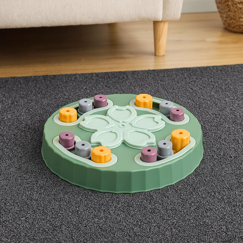 Puzzle vert a friandise pour petit chien posé sur un tapis noir. En fond il y a un canapé beige. Image produit Boutiquechien