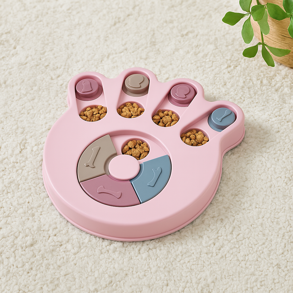 puzzle pour chien de couleur rose en forme de patte avec plusieurs compartiments. Puzzle pour chien avec un tapis blanc et une plante verte. Image produit Boutiquechien