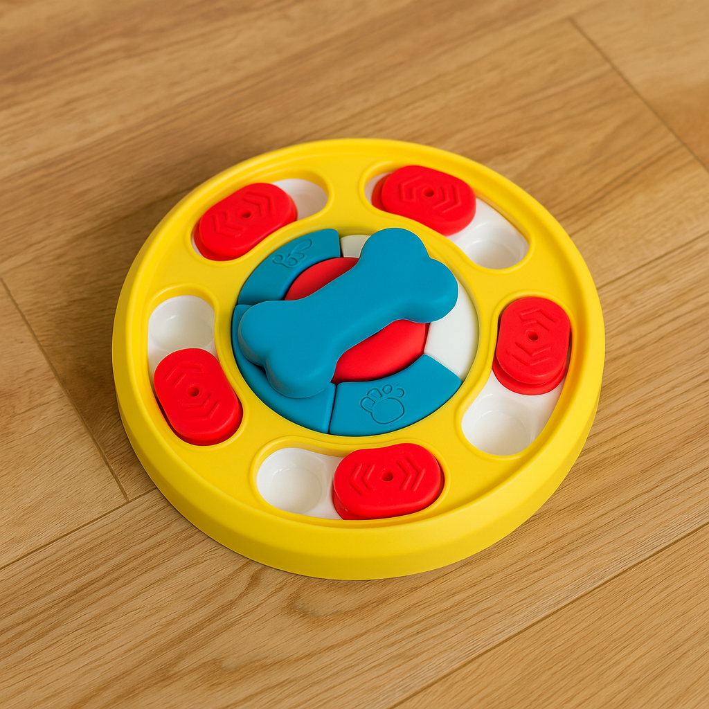 Puzzle circulaire pour chien de couleur jaune et bleu. Le puzzle pour chien est posé sur du parquet en bois. Image produit Boutiquechien