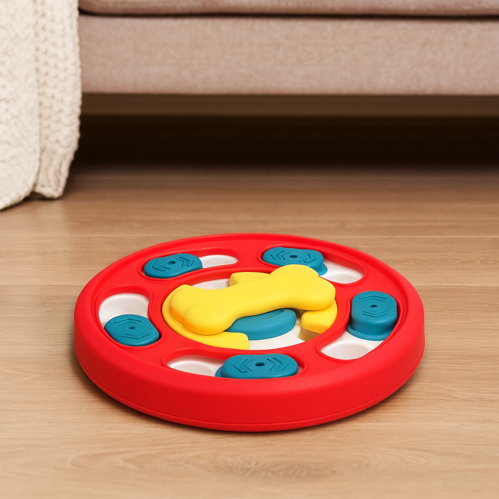 Puzzle pour chien de couleur rouge en forme de cercle avec des compartiments bleu. En fond il y a un canapé gris. Image produit Boutiquechien