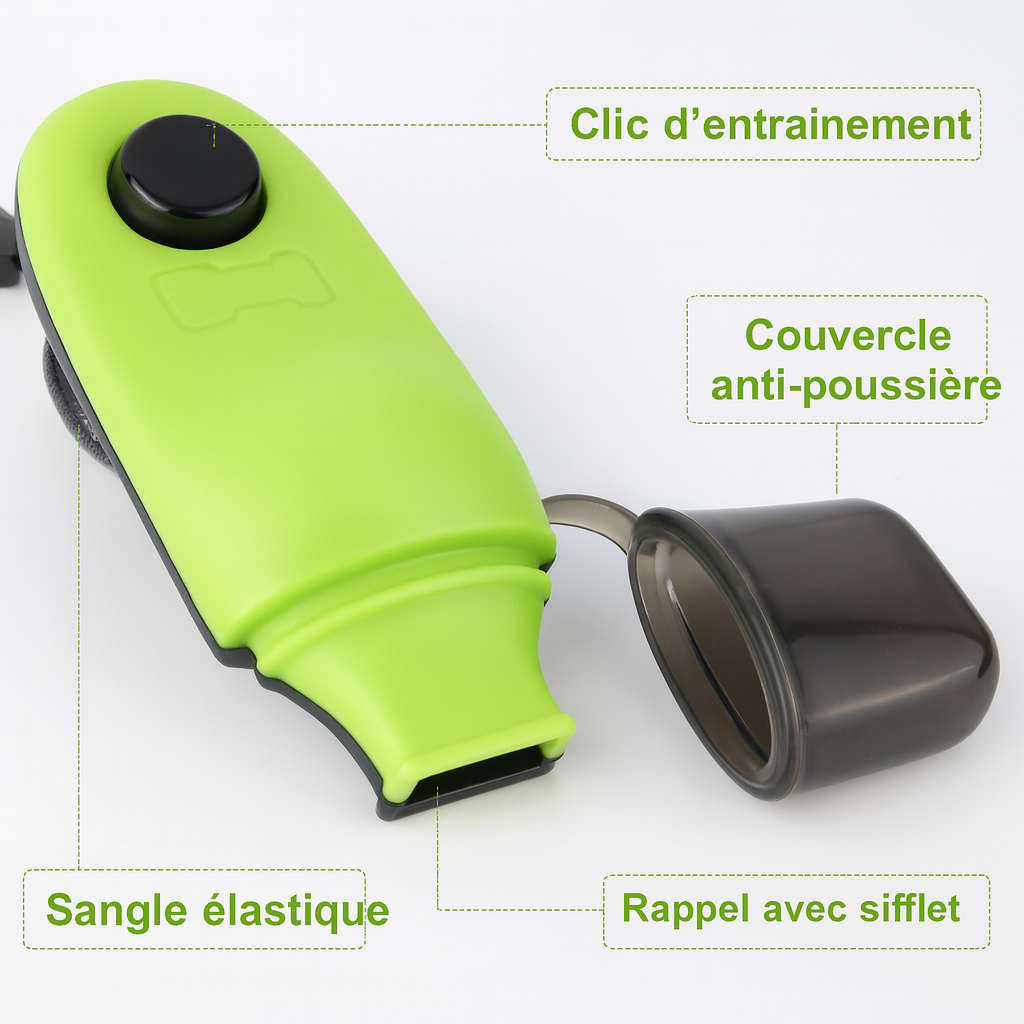 Toutes les qualités du sifflet pour chien de couleur vert. Image produit Boutiquechien