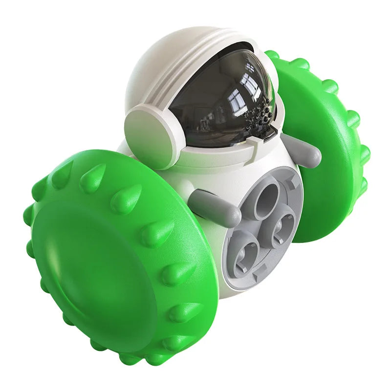 robot chien en forme de friandise avec des roues vert et le robot est blanc. Image produit Boutiquechien