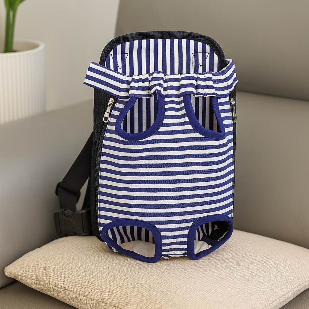 sac a dos pour chien de couleur blanc et bleu rayé. Le produit est posé sur un canapé de couleur gris. En fond il y a une plante verte. Image produit Boutiquechien