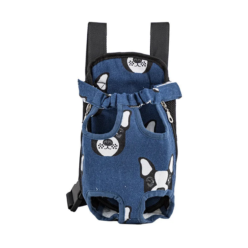 Sac a dos pour chien de promenade de couleur bleu avec buldog dessus. Image produit Boutiquechien