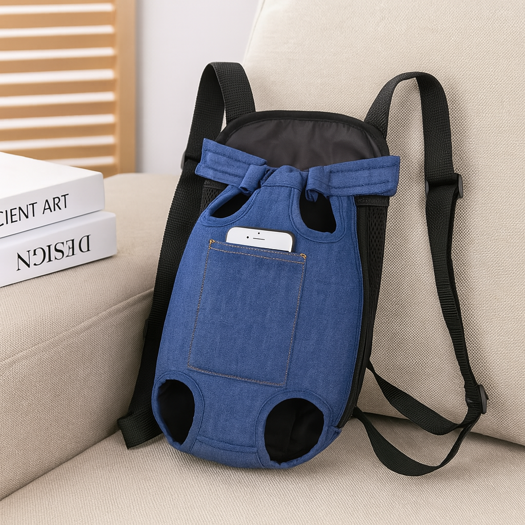 sac a dos pour chien de couleur bleu et noir posé sur un canapé de couleur blanc. Image produit Boutiquechien