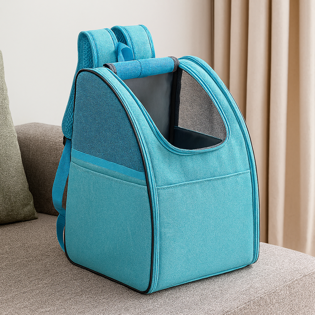 sac à dos pour chien de couleur bleu posé sur un canapé de couleur gris avec en fond des rideaux beige. Image produit Boutiquechien