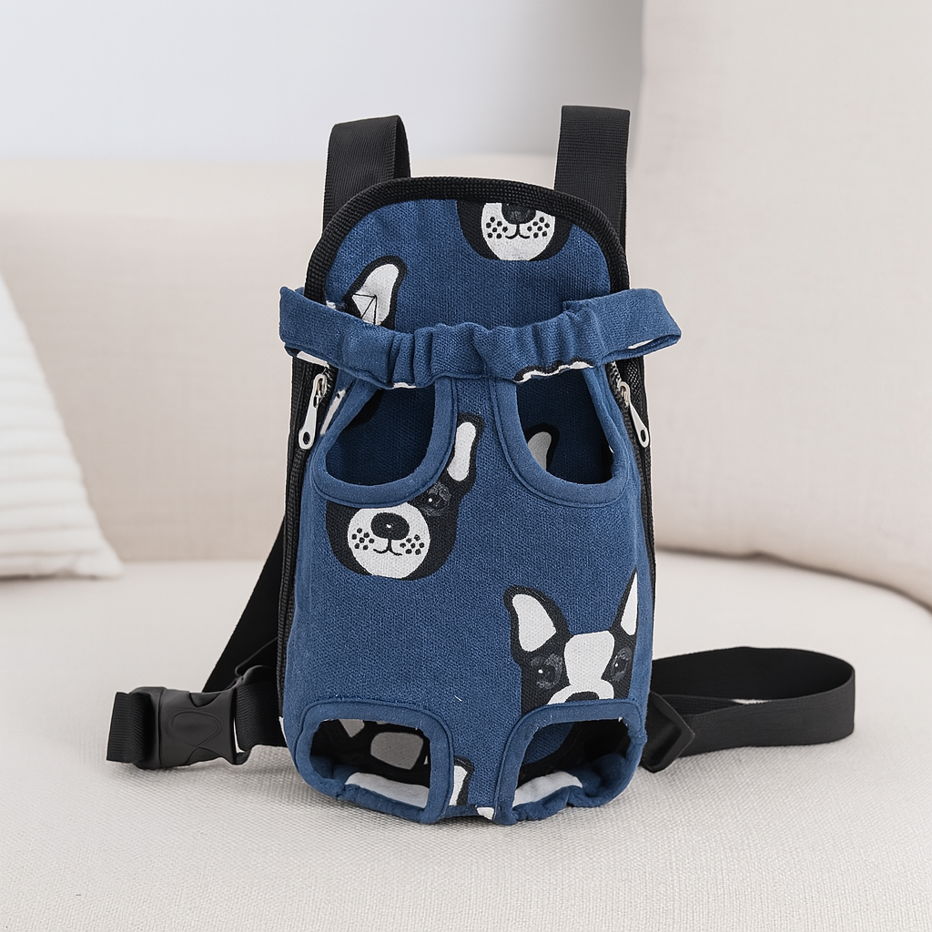 sac a dos chien de couleur bleu oncé avec un buldog noir. Image produit Boutiquechien