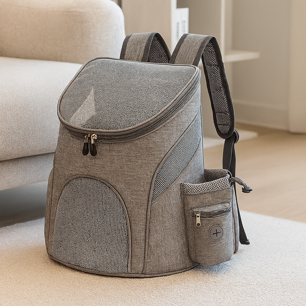 sac à dos pour chien de couleur gris posé dans un salon de couleur claire avec en fond un canapé gris. Image produit Boutiquechien