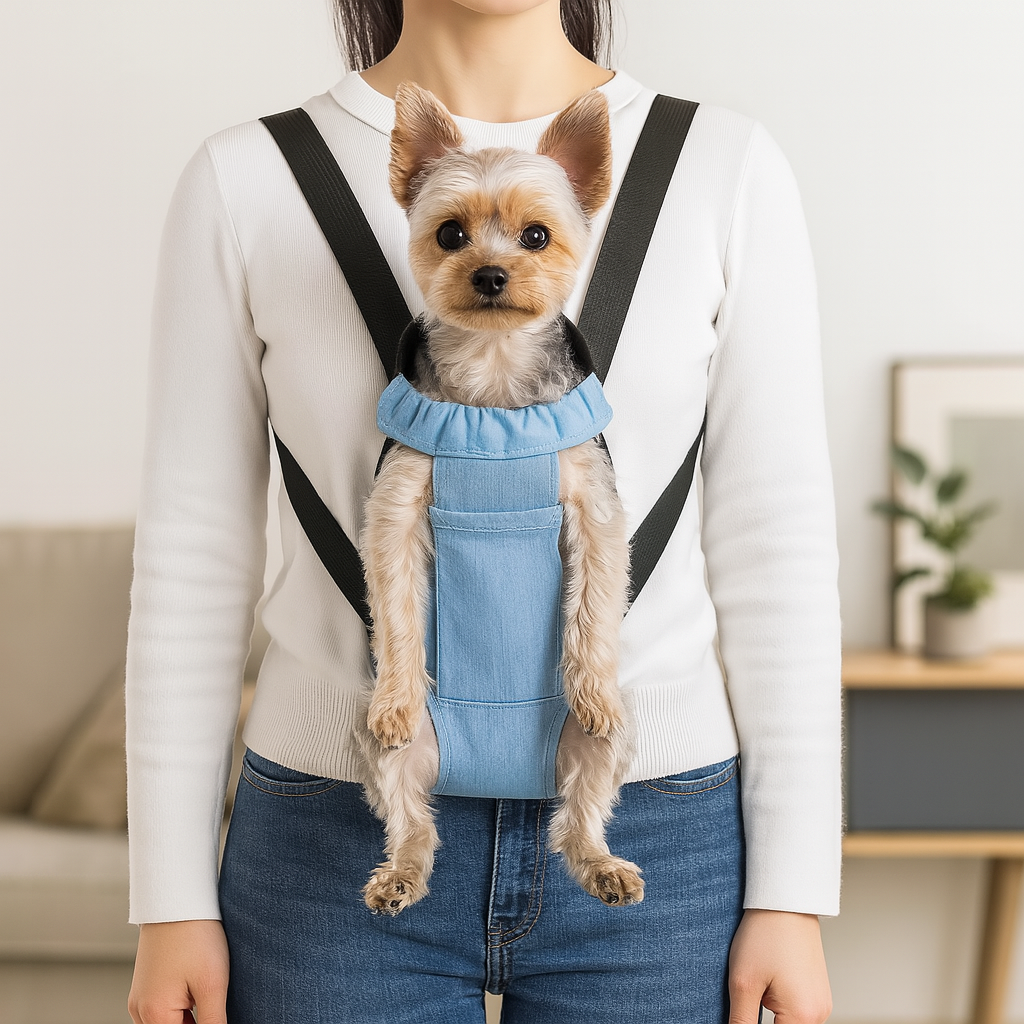 sac à dos pour chien de couleur bleuet noir porté par une femme de couleur blanc et bleu. Image produit Boutiquechien