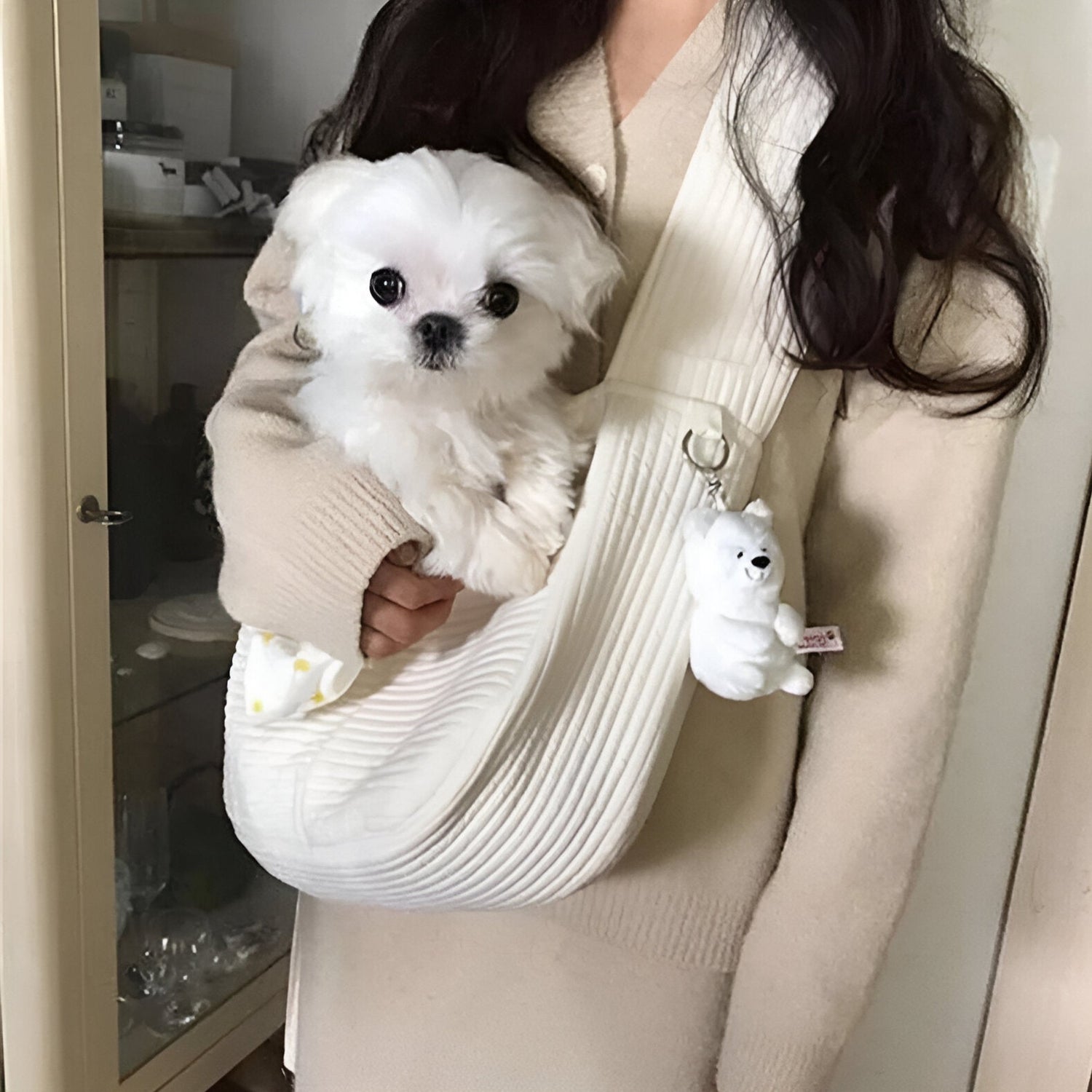 Sac a main de couleur blanc avec un petit chien blanc dedans. Image produit Boutiquechien