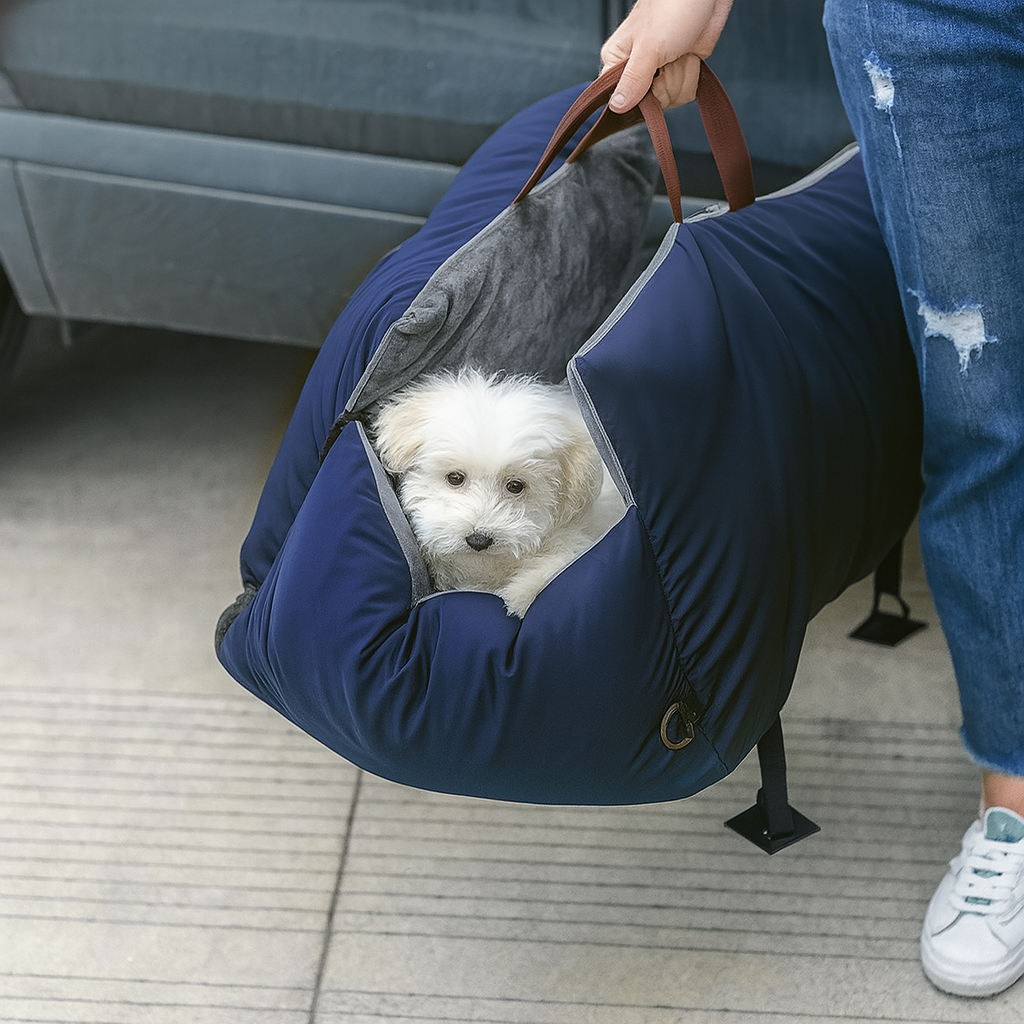 sac de transport de couleur bleu et gris avec un petit chien de couleur blanc dedans. La femme est habillé avec un pantalon bleu trouvé avec des chaussures blanches. Image produit Boutiquechien