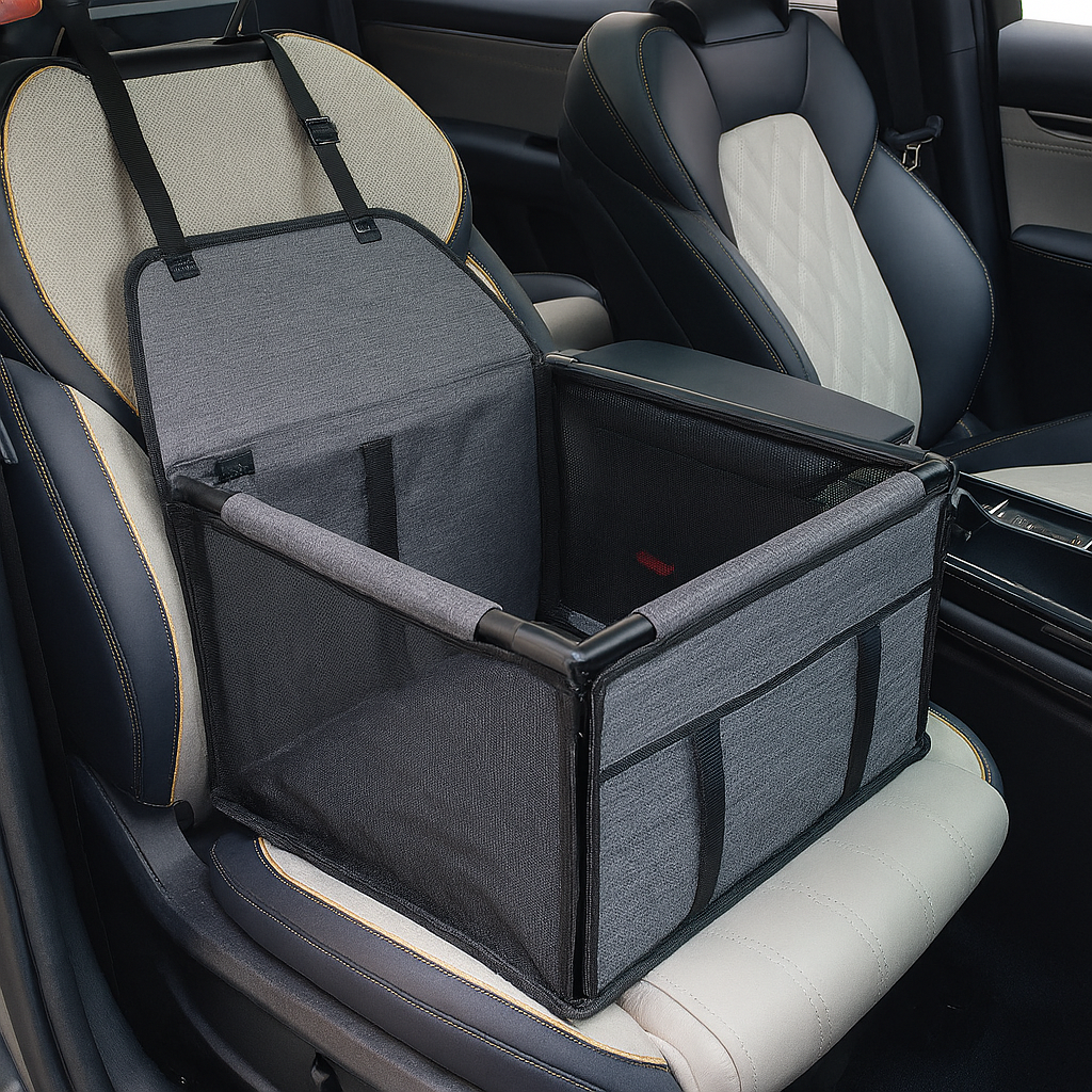 sac de transport de couleur gris foncé sur un siège de couleur blanc et noir. Le sac de transport est posé sur le siège avant de la voiture de couleur blanc. Image produit Boutiquechien