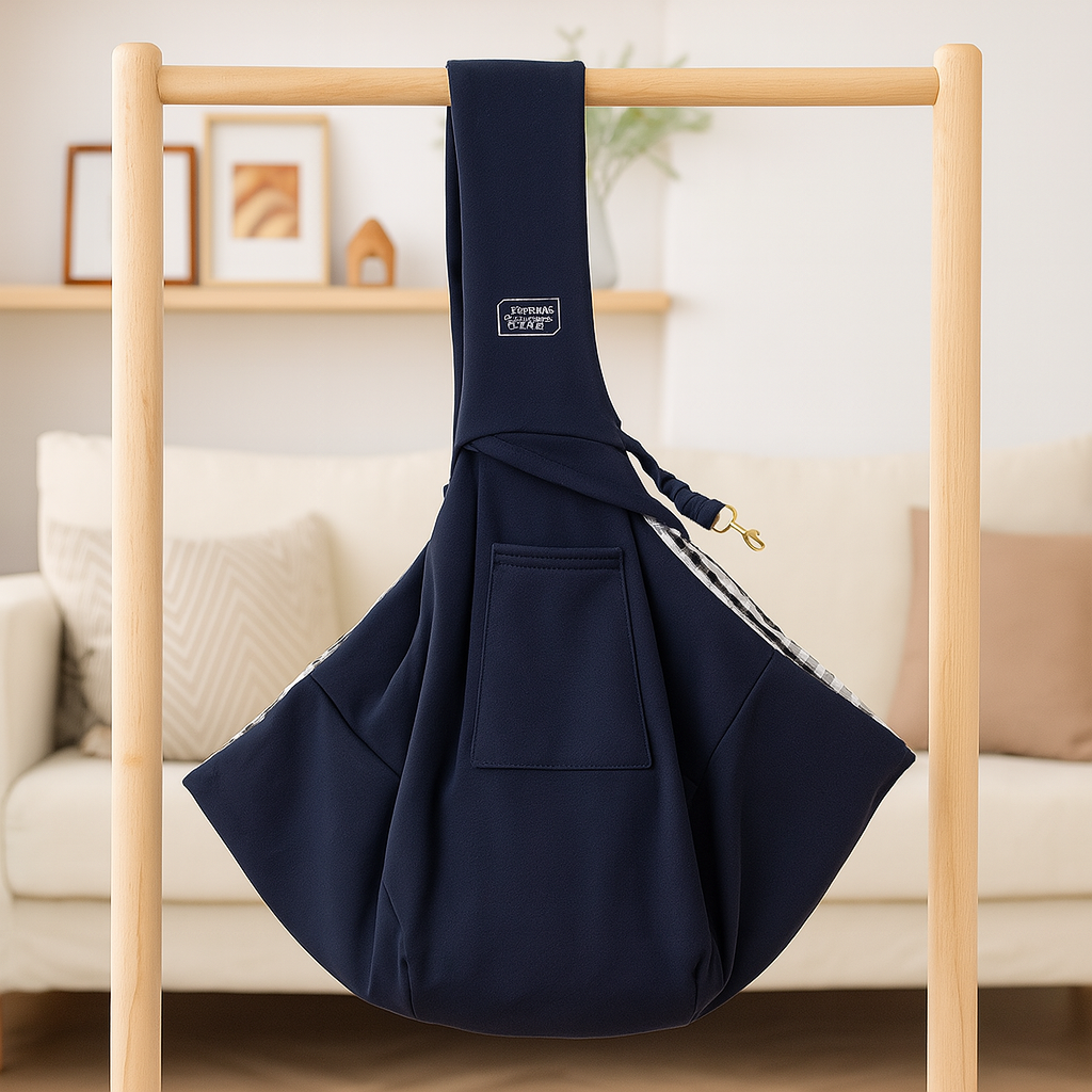 sac pour chien en bandoulière maintenu par un étendoir de couleur bois. En fond il y a un canapé blanc et des meubles claire. Image produit Boutiquechien
