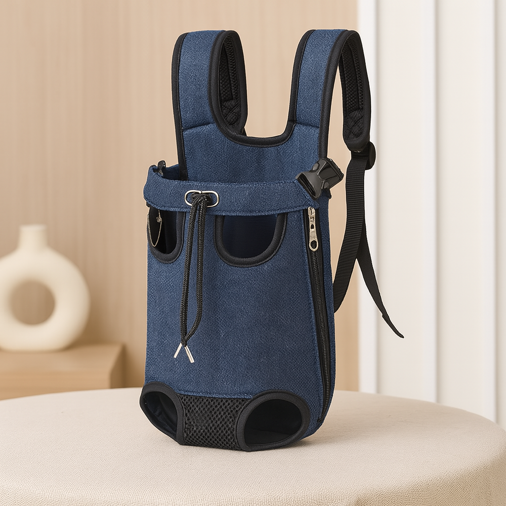sac de promenade réglable de couleur bleu foncé posé sur une table blanche dans un fond claire. Image produit Boutiquechien